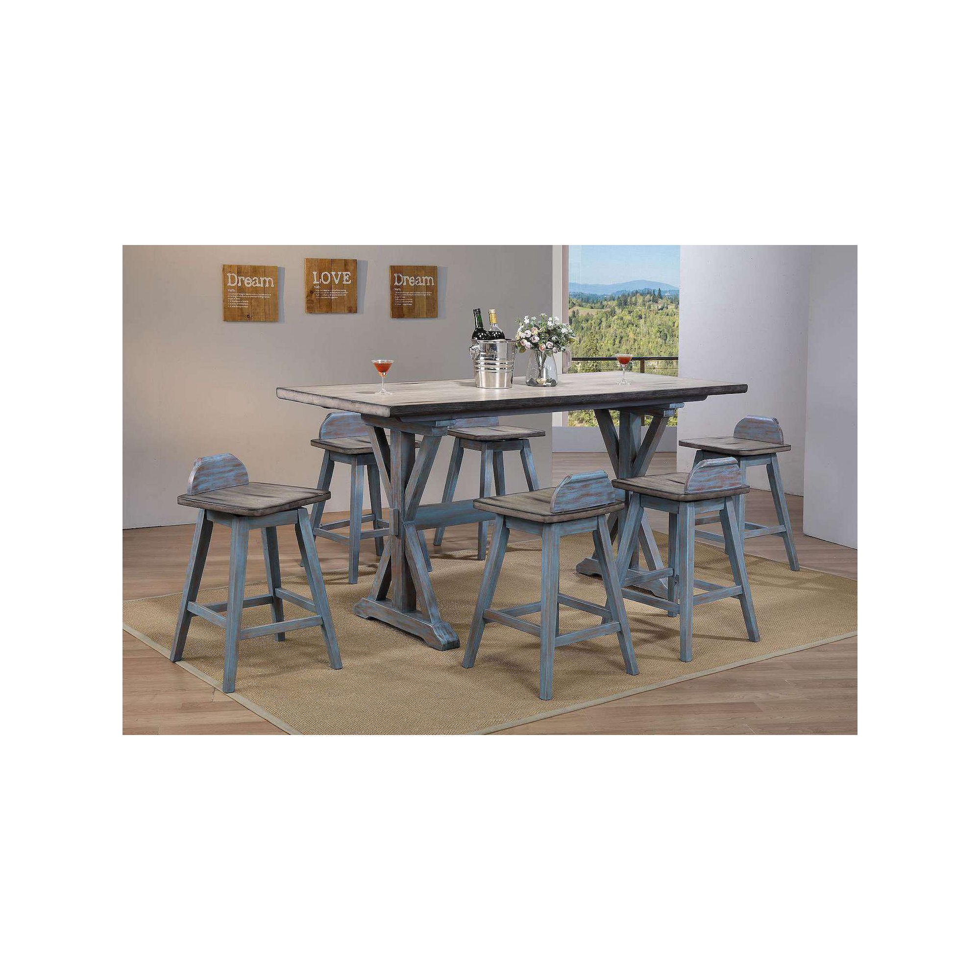 Two counter stools with solid wood seats in a dining setup