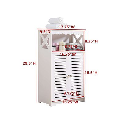 White Freestanding Bathroom Storage Cabinet with Doors and Open Shelf