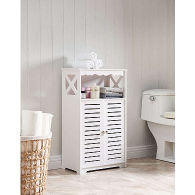 White Freestanding Bathroom Storage Cabinet with Doors and Open Shelf