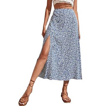 Women Floral High Waisted Slit A-Line Midi Skirt Casual Summer Swing Flowy Long Boho Sun Beach Skirt
