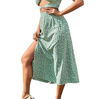 Women Floral High Waisted Slit A-Line Midi Skirt Casual Summer Swing Flowy Long Boho Sun Beach Skirt