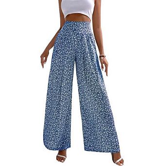 Women's Floral High Waisted Wide Leg Pants Smocked Waist Summer Casual Long Trousers