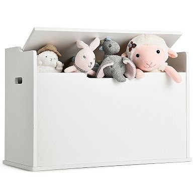 Kids Toy Storage Bench With Cushion And Safety Hinge Wooden Chest