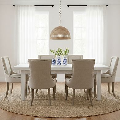 GOMYHOME Upholstered Linen-Look Fabric Dining Chair, Nailhead Trim, Rustic Distressed Wood Legs