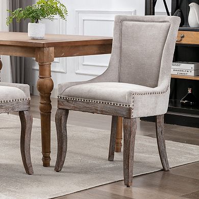 GOMYHOME Upholstered Linen-Look Fabric Dining Chair, Nailhead Trim, Rustic Distressed Wood Legs