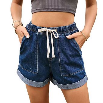 Women's Casual Denim Shorts High Waisted Ripped Short Jeans Stretchy Drawstring Elastic Waist Jean