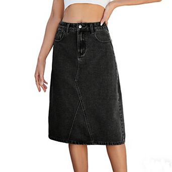 Women's High Waisted Denim Midi Skirt Asymmetric Stitch Pocketed Summer Casual Skirt