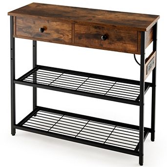 Narrow Console Table with 2 Drawers and 2 Metal Mesh Shelves