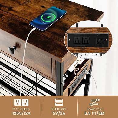 Narrow Console Table with 2 Drawers and 2 Metal Mesh Shelves