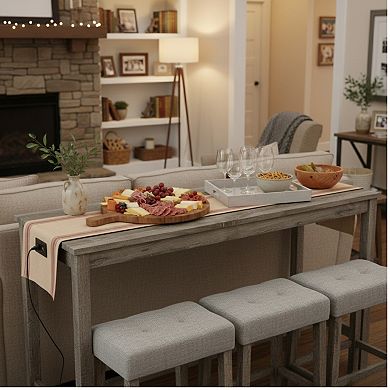 GOMYHOME 4-Pc Counter Height Dining Set w/ Power Outlet, 58.4" Rustic Bar Table & 3 Stools