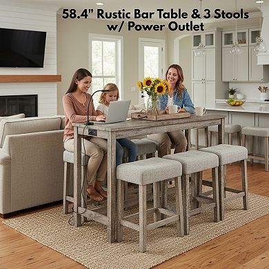 GOMYHOME 4-Pc Counter Height Dining Set w/ Power Outlet, 58.4" Rustic Bar Table & 3 Stools
