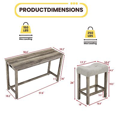 GOMYHOME 4-Pc Counter Height Dining Set w/ Power Outlet, 58.4" Rustic Bar Table & 3 Stools