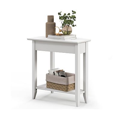 2 Tier Wedge Narrow End Table with Storage Shelf and Solid Wood Legs