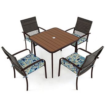 5 pc Patio Dining Set 4 Cushioned Rattan Armchairs and Square Table