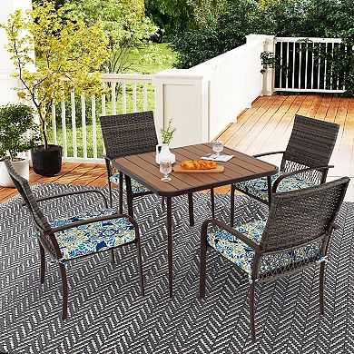 5 Pieces Patio Dining Set 4 Cushioned Rattan Armchairs and Square Table