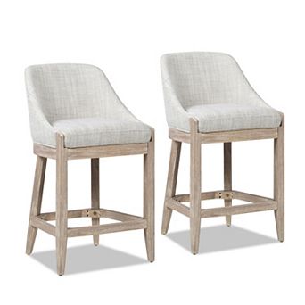 GOMYHOME Set of 2 Upholstered Counter Height Bar Stools, Modern Barrel Back Wood Stools, Grey