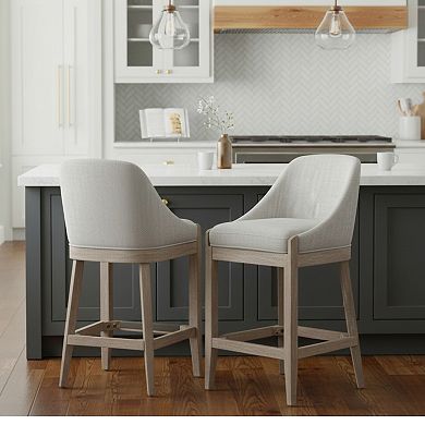 GOMYHOME Set of 2 Upholstered Counter Height Bar Stools, Modern Barrel Back Wood Stools, Grey