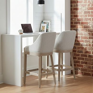 GOMYHOME Set of 2 Upholstered Counter Height Bar Stools, Modern Barrel Back Wood Stools, Grey