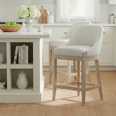 GOMYHOME Set of 2 Upholstered Counter Height Bar Stools, Modern Barrel Back Wood Stools, Grey