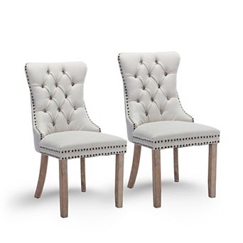 GOMYHOME Set of 2 Upholstered Dining Chairs, Button Tufted Back w/ Nailhead Trim, Weathered Wood Leg