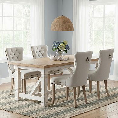 GOMYHOME Set of 2 Upholstered Dining Chairs, Button Tufted Back w/ Nailhead Trim, Weathered Wood Leg