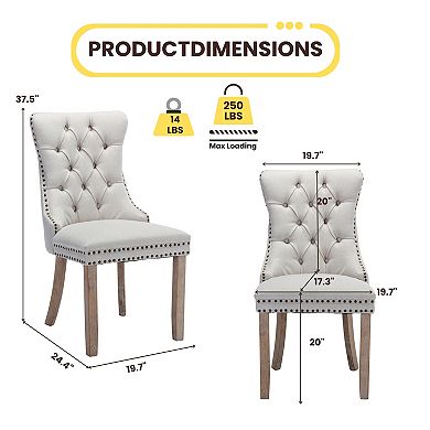 GOMYHOME Set of 2 Upholstered Dining Chairs, Button Tufted Back w/ Nailhead Trim, Weathered Wood Leg