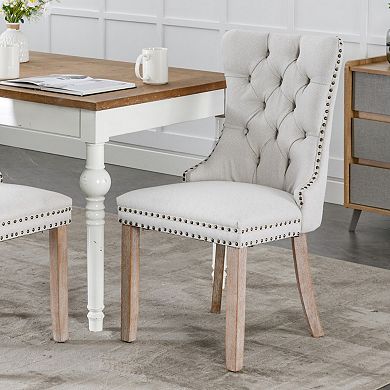 GOMYHOME Set of 2 Upholstered Dining Chairs, Button Tufted Back w/ Nailhead Trim, Weathered Wood Leg