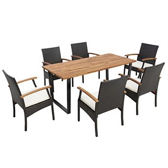 7 pc Outdoor Wicker Chair and Dining Table Set-Wood Handrail