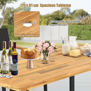 7 Pieces Outdoor Wicker Chair and Dining Table Set-Wood Handrail