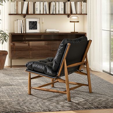 GOMYHOME Mid-Century Modern Tufted Faux Leather Accent Chair with Walnut Wood Frame