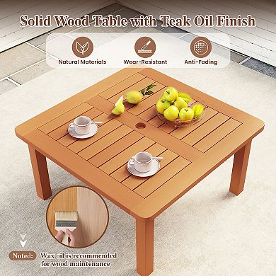 Patio Coffee Table with Umbrella Hole and Teak Oil Finish