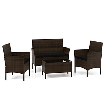 4 pc Patio Rattan Conversation Set with Cozy Seat Cushions