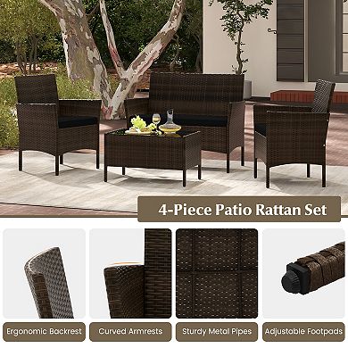 4 Piece Patio Rattan Conversation Set with Cozy Seat Cushions