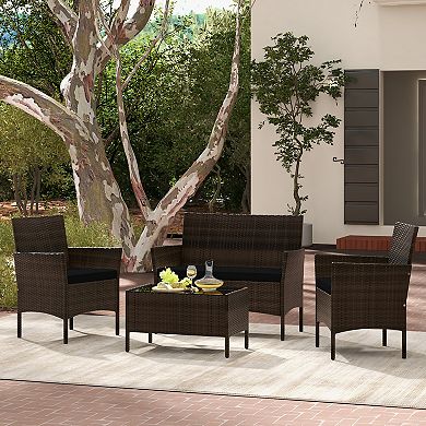 4 Piece Patio Rattan Conversation Set with Cozy Seat Cushions