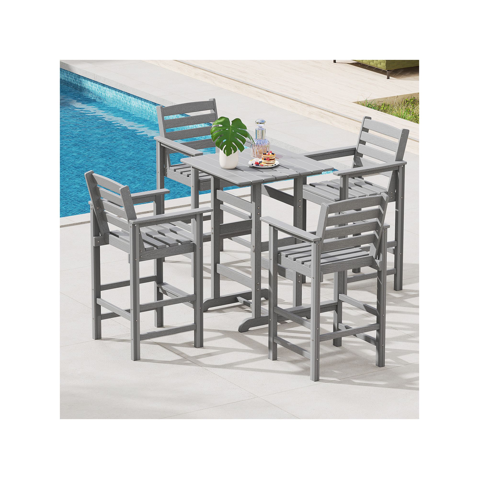 Outdoor square bar table with slatted tabletop in light gray