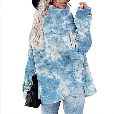 Women's Corduroy Oversized Shirt - Tie-Dye Long Sleeve Button Down Casual Jacket with Pocket