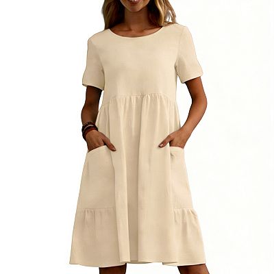 Women's Short Sleeve A-Line Dress Flowy Casual Dress with Side Pockets for Daily & Outdoor Wear Apricot M