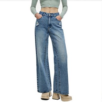 Women's High Waisted Wide Leg Jeans - Relaxed Fit Distressed Denim Pants with Functional Pockets