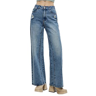 Women's High Waisted Wide Leg Jeans - Relaxed Fit Distressed Denim Pants with Functional Pockets