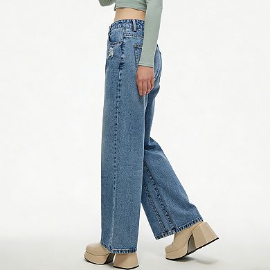 Women's High Waisted Wide Leg Jeans - Relaxed Fit Distressed Denim Pants with Functional Pockets