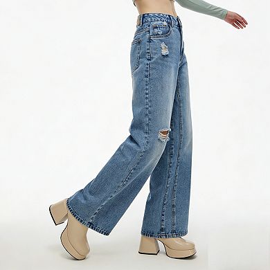 Women's High Waisted Wide Leg Jeans - Relaxed Fit Distressed Denim Pants with Functional Pockets