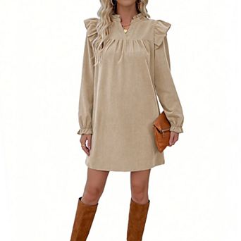 Women's Corduroy Long Sleeve Tunic Dress - V-Neck Ruffled Shoulder Casual Dress for Everyday Wear