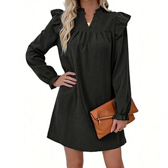 Women's Corduroy Long Sleeve Tunic Dress - V-Neck Ruffled Shoulder Casual Dress for Everyday Wear