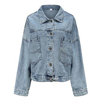 Women's Cropped Denim Jacket - Oversized Button-Front Jacket with Pockets for Casual Layered Wear