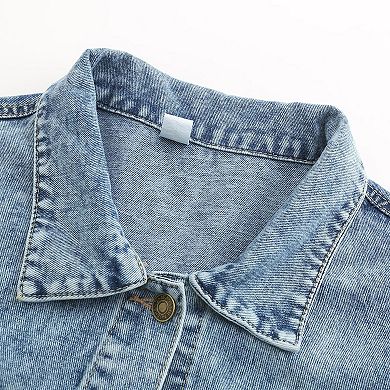 Women's Cropped Denim Jacket - Oversized Button-Front Jacket with Pockets for Casual Layered Wear