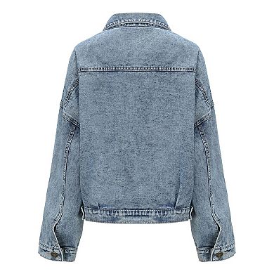 Women's Cropped Denim Jacket - Oversized Button-Front Jacket with Pockets for Casual Layered Wear