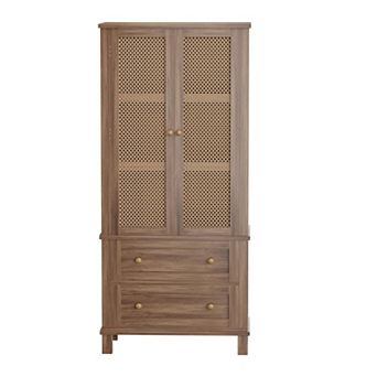 IDEALHOUSE Rattan Door Storage Cabinet with 2 Drawers & Adjustable Shelves
