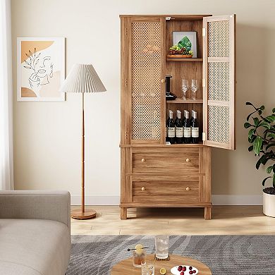 IDEALHOUSE Rattan Door Storage Cabinet with 2 Drawers & Adjustable Shelves