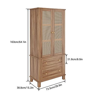 IDEALHOUSE Rattan Door Storage Cabinet with 2 Drawers & Adjustable Shelves