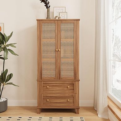 IDEALHOUSE Rattan Door Storage Cabinet with 2 Drawers & Adjustable Shelves